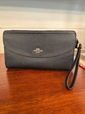 Coach Black Saffiano Leather Clutch Wristlet with Gold Logo